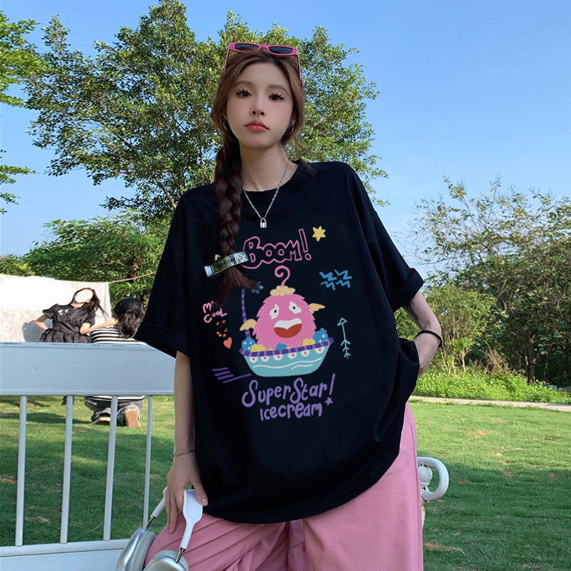 短袖t恤衫女士2025新款夏季大码胖mm宽松显瘦下装消失黑色体恤棉