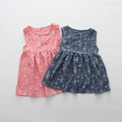 New Floral Prints Cotton Linen Girls Dress Pink Blue Summer