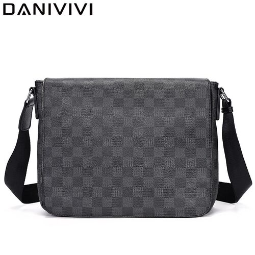 Vintage Plaid Men's Handbag Leather Briefcase Messenger Bag