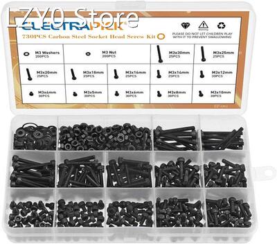 Electrapick 730pcs M3 Carbon Steel Socket Head Cap Screws Wi