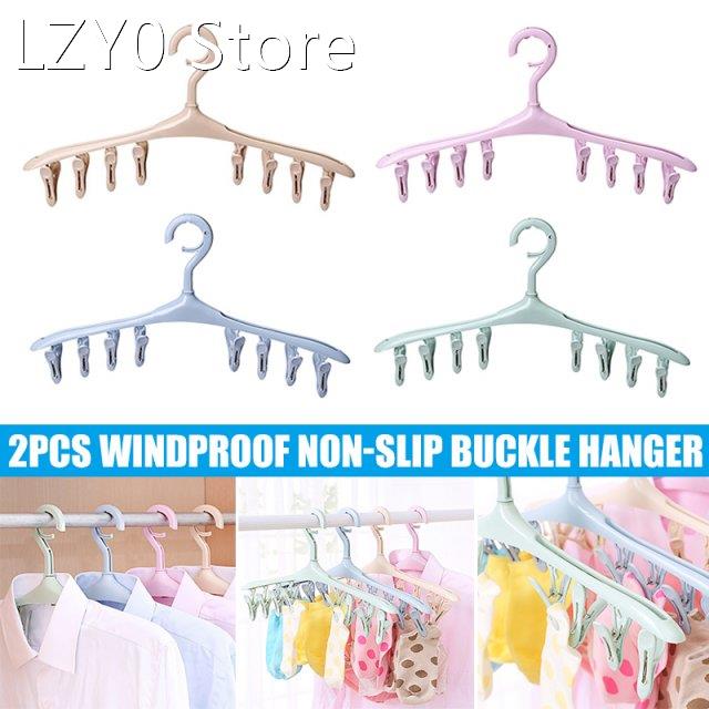 2Pcs 8 Clip Plastic Windproof Hanger Rack Clothespin Clothes