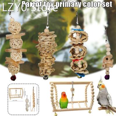7pcs Bird Wooden Swing Chewing Toys Set Hanging Bell Bird Pe