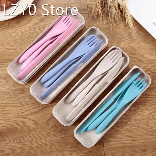 3Pcs/set Portable Travel Cutlery Box Japan Style Wheat Straw