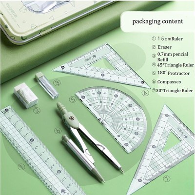 Math Geometry Drawing Compass Ruler Set 7PCS Student Supplie