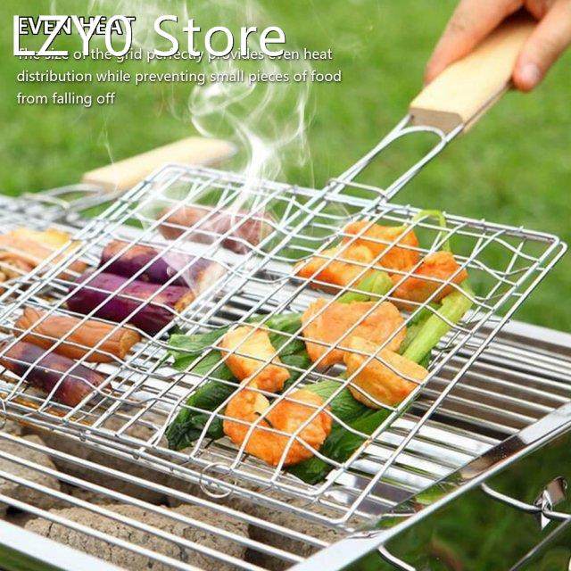 Stainless Steel Barbecue Grilling Basket BBQ Net Wooden Hand