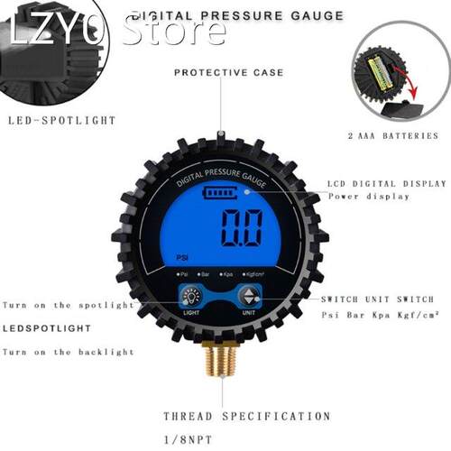 Dial Size Digital Pressure Gauge 0-200 Psi/Kpa/Bar/kgf cm2 L