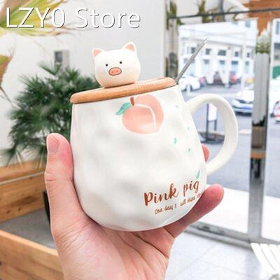 Cute Cartoon Mug Frosted Ceramic Cup with Wooden Lid Creativ