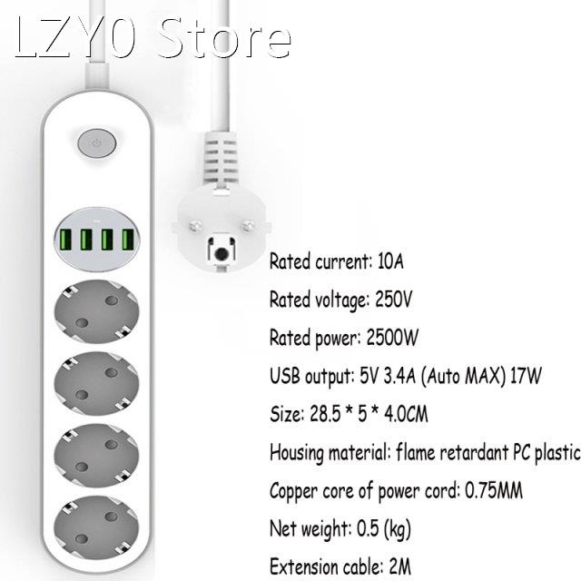 2 Round Pin EU Plug 4 Ports USB Charge Quick 3.4A Fast Charg