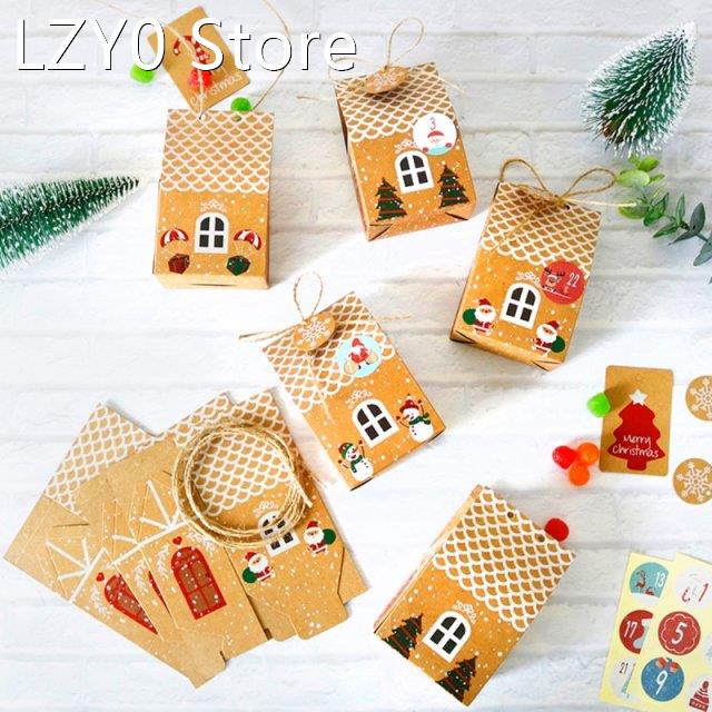24 Sets Christmas House Gift Box Kraft Paper Cookies Candy B