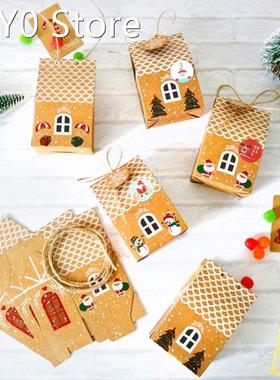 24 Sets Christmas House Gift Box Kraft Paper Cookies Candy B