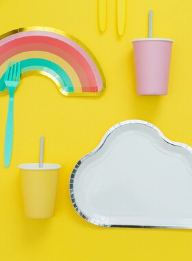 8pcs White Cloud Rainbow Shaped Paper Plates Disposable Tab
