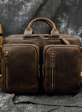 Men Business Briefcase Vintage Crazy Horse Genuine Leather
