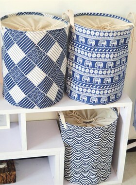 Laundry Drawstring Basket Linen Fabric Blue Pattern Collaps