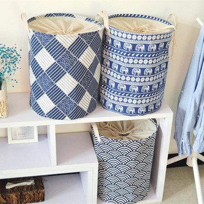 Laundry Drawstring Basket Linen Fabric Blue Pattern Collaps