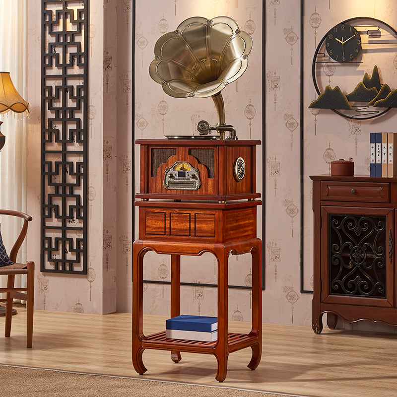 圣利纳留声机新中式复古黑胶唱片机家用实木简约电唱机大喇叭音响