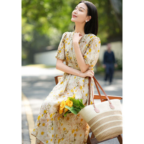 夏季法式真丝碎花长款连衣裙