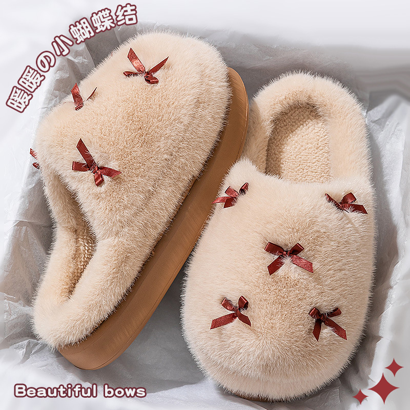 蝴蝶结棉拖鞋女款秋冬季2025新款室内家居厚实保暖毛毛绒月子棉