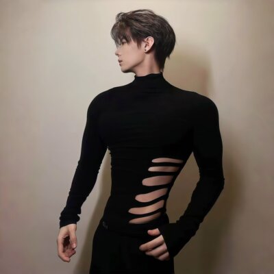 侧腰镂空上衣男士漏肌肉健身衣性感露腰紧身衣黑色禁慾系内搭T恤