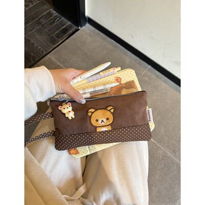 新款原创刺绣轻松熊笔袋可爱大容量笔尺收纳手拎袋初高中文具盒