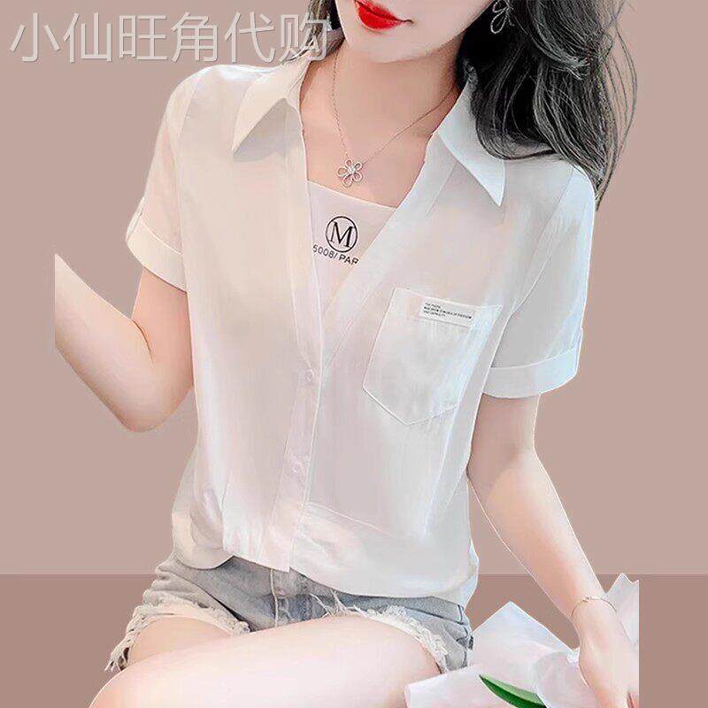 假两件女士短袖衬衫2026夏季新款雪纺衫衬衣洋气漂亮白色上衣爆款