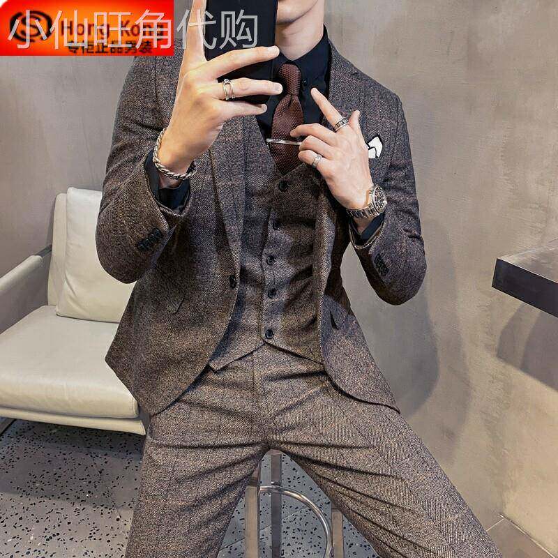 格子西装男套装2026新款修身男复古新郎结婚礼服三件套士休闲西服