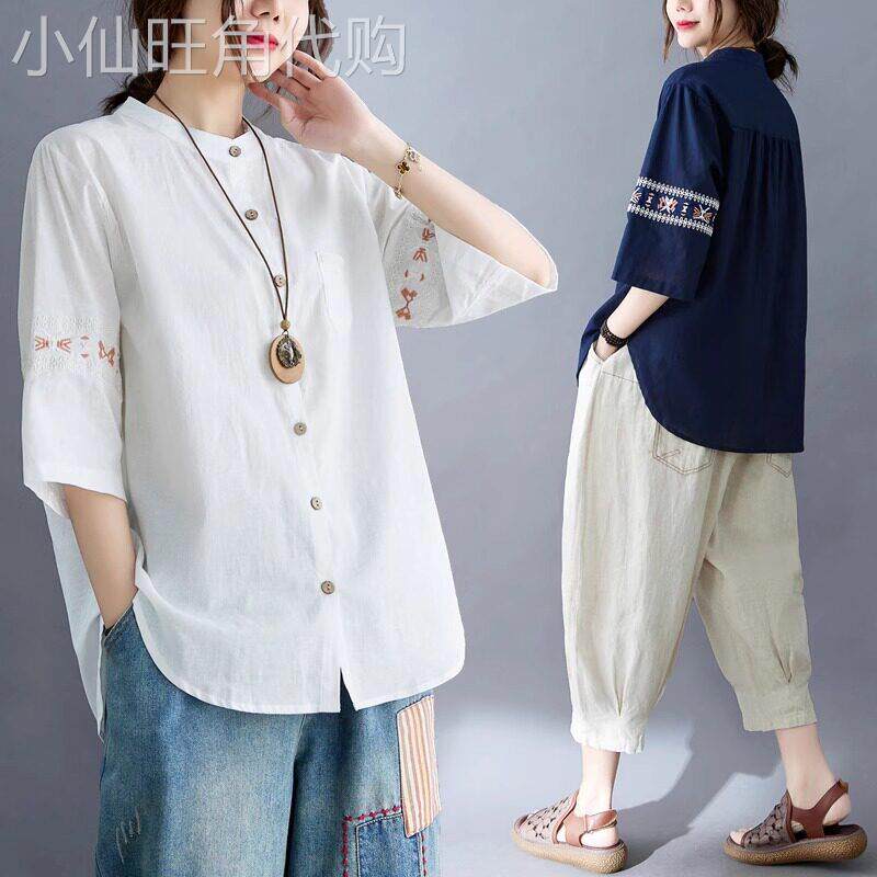 休闲短袖衬衫女夏季新款复古民族风刺绣高端女士七分袖小衫上衣薄