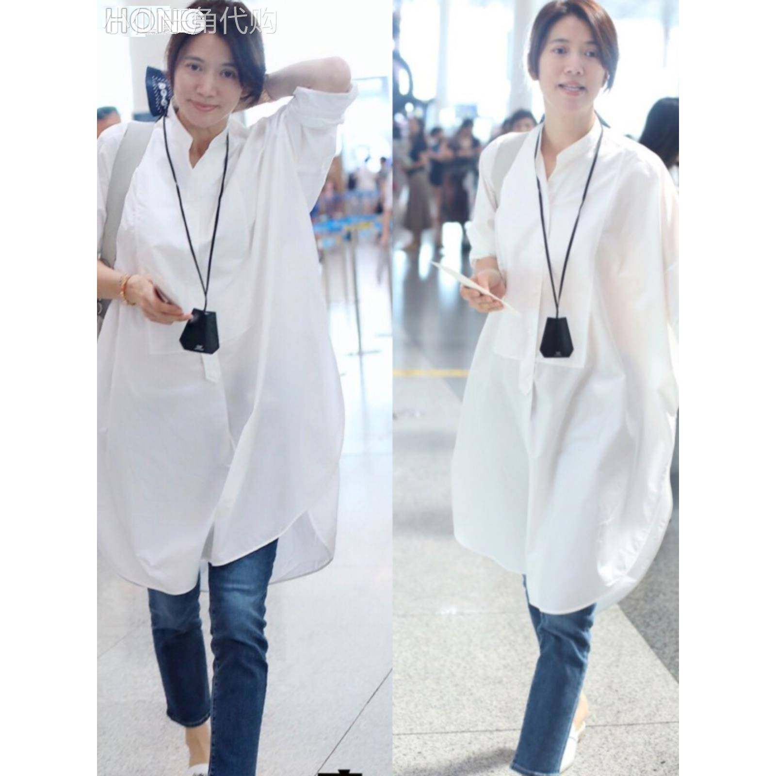 韩国夏天新款袁咏仪同款白色中长款韩版休闲宽松大码立领衬衫女潮