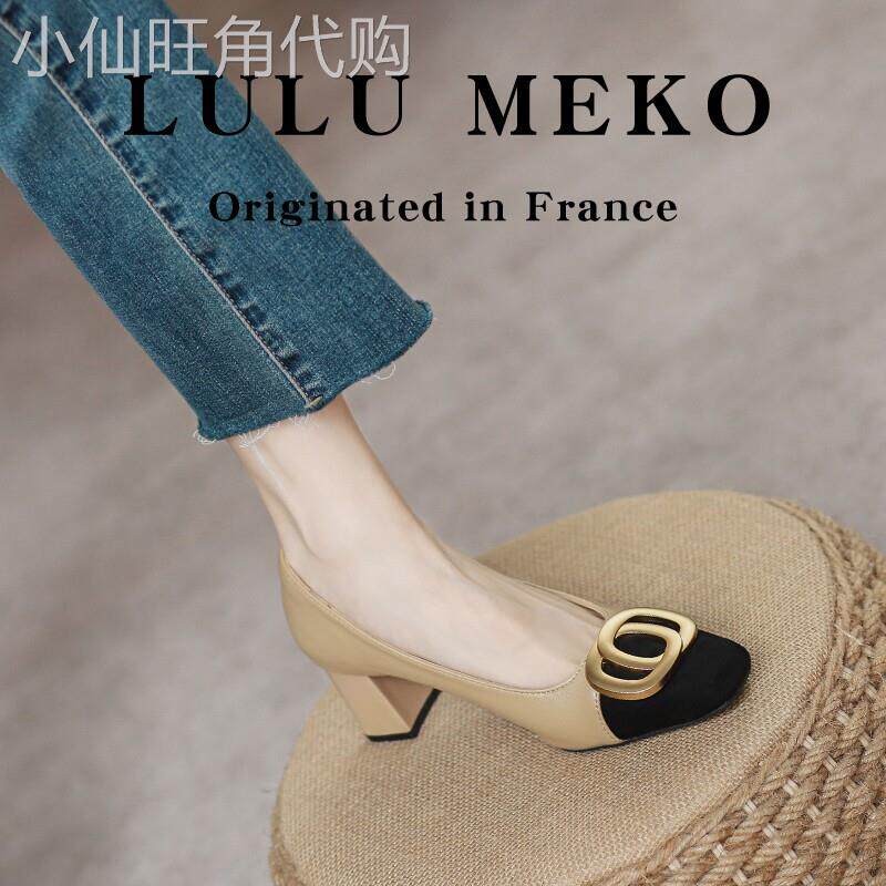LULU MEKO~羊皮小香风粗跟单鞋女新款浅口拼色中跟船鞋妈妈高跟鞋