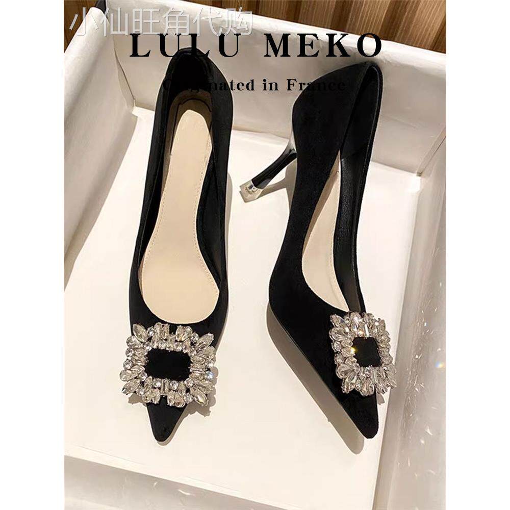 LULU MEKO~尖头水钻高跟鞋女春秋新款细跟大码小码黑色职业单鞋女