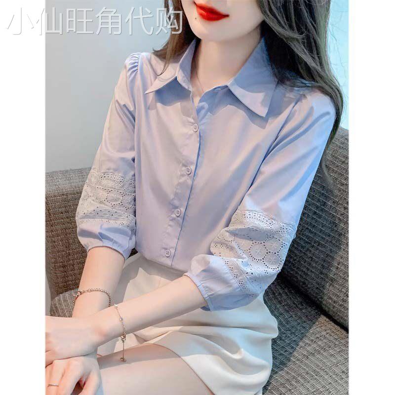 蓝色衬衫女2026新款夏季法式Polo领高级感轻奢减龄洋气七分袖上衣