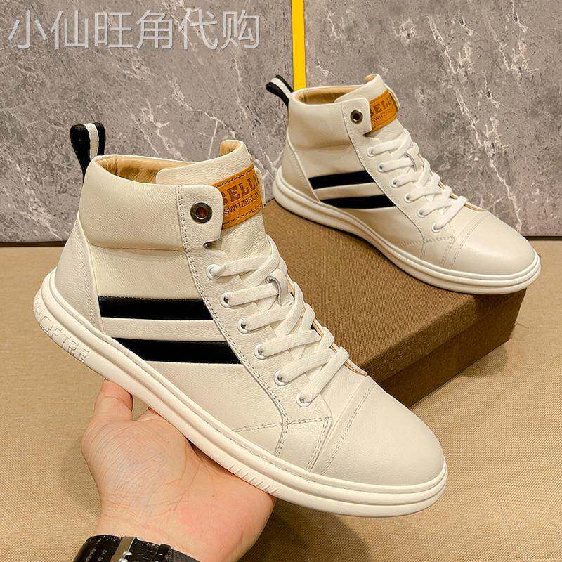 韩国专柜2025新款中帮小白鞋男真皮头层牛皮高帮休闲板鞋潮牌男鞋