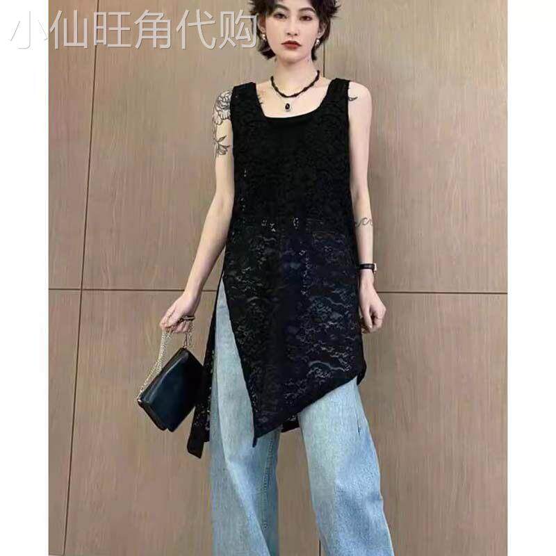 黑色不规则蕾丝背心洋装女夏季欧货镂空开叉无袖中长版叠穿罩衫