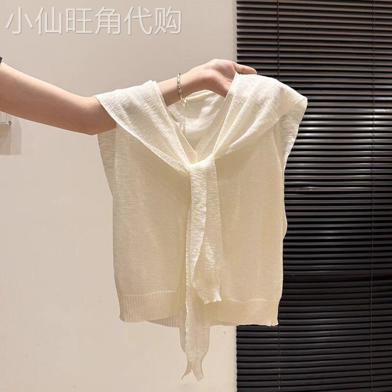 针织衫女2026新款夏季薄款小众设计感V领披肩系带冰丝无袖上衣女