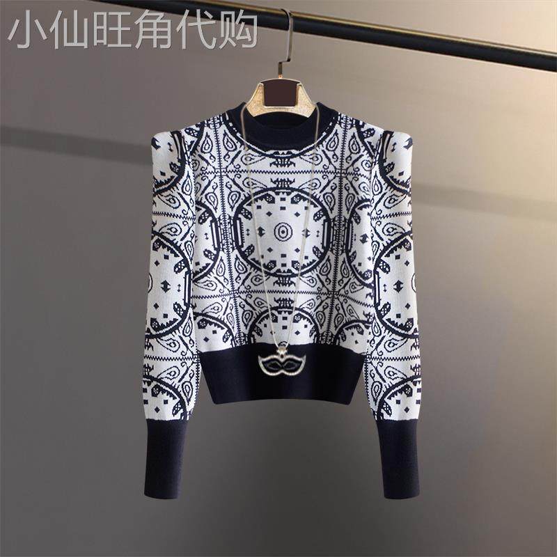 潮牌2024春秋冬季复古小众设计感针织衫女毛衣短款高腰泡泡袖上衣