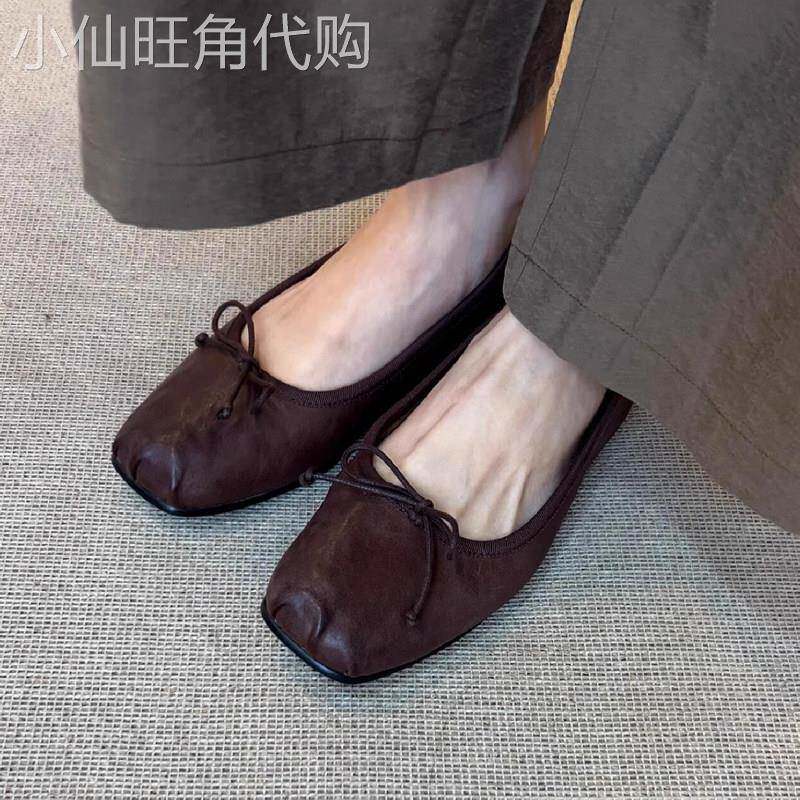 法式复古真皮浅口单鞋女夏季仙女风配裙子蝴蝶结外穿平底芭蕾舞鞋