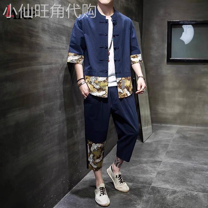 中国风亚麻套装男士2026新款夏季短袖衬衫棉麻唐装两件套汉服男款图片