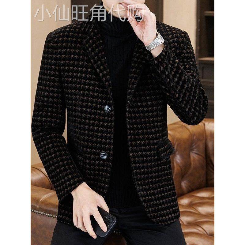 高端千鸟格毛呢西服外套男商务休闲秋冬季新款韩版修身短款小西装