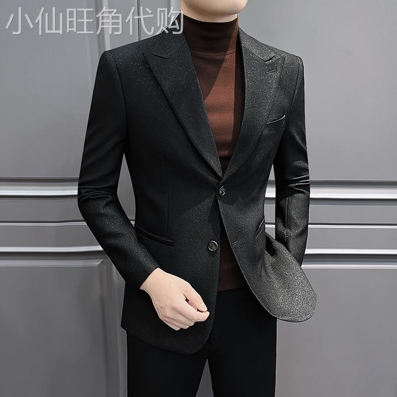 高端银丝戗驳领西装外套男春秋韩版潮流百搭英伦雅痞风休闲西服潮
