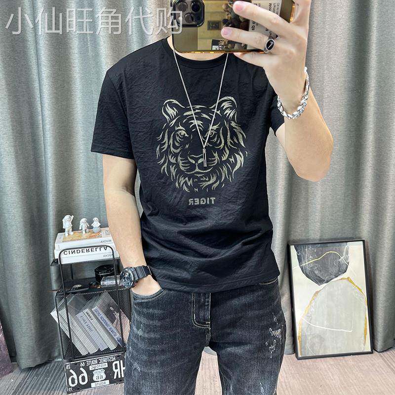 高端老虎头亚麻短袖t恤男士2025新款潮牌凉感半袖衫T恤黑色男款