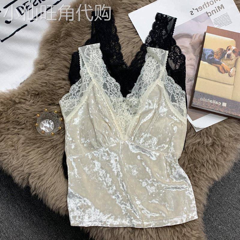 丝绒吊带背心女2025春季设计感西装内搭v领蕾丝拼接性感打底上衣