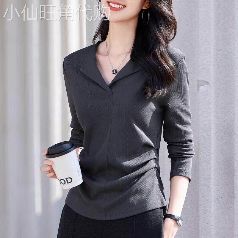 翻领打底衫女春季薄款2026新款内搭修身显瘦气质百搭长袖t恤上衣
