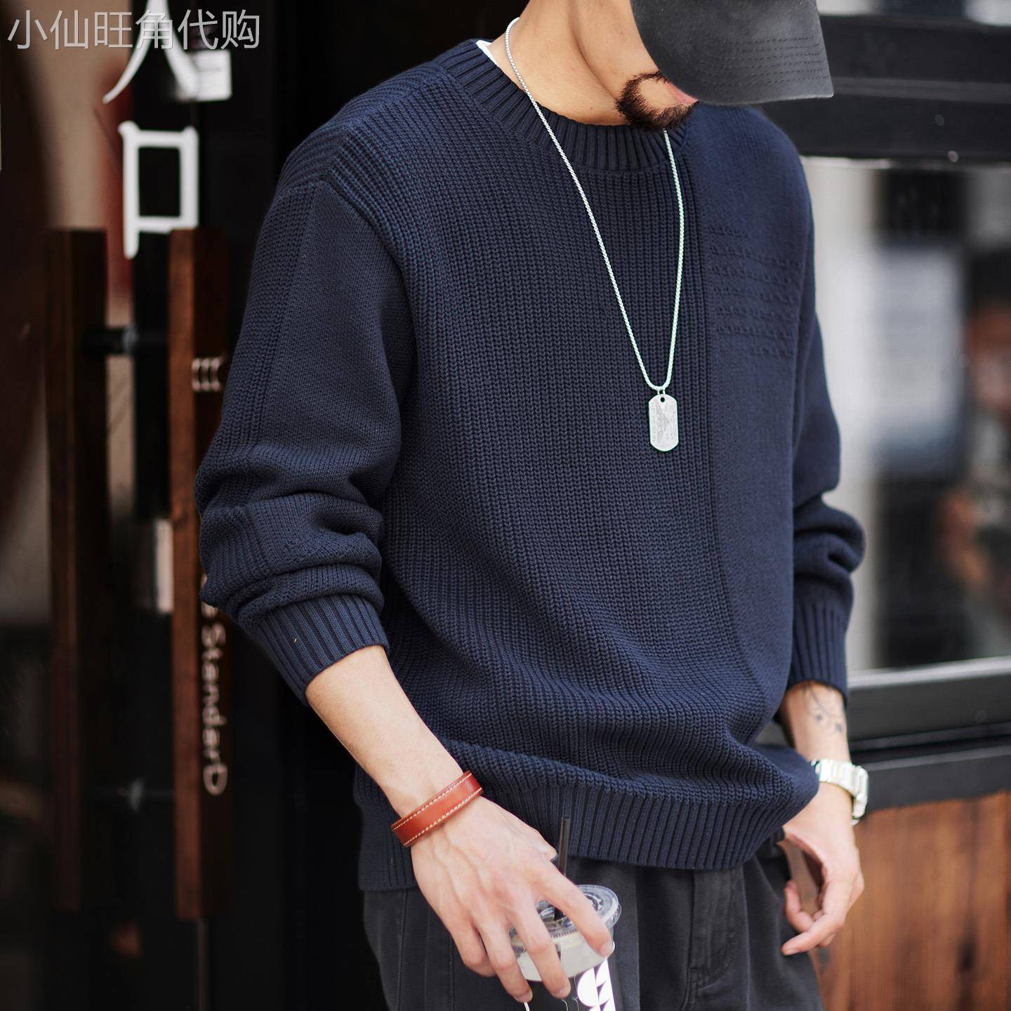 it neith BIAS潮牌美式复古纯棉毛衣男宽松圆领宝蓝色慵懒针织衫