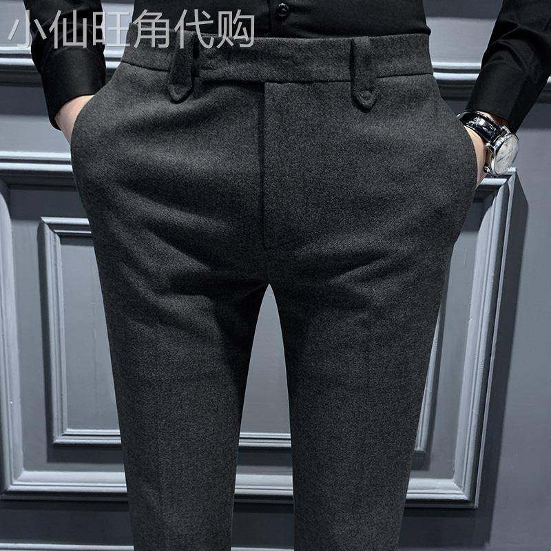 秋冬加厚休闲裤男韩版潮流小脚毛呢西裤男免熨烫商务西装裤冬季长