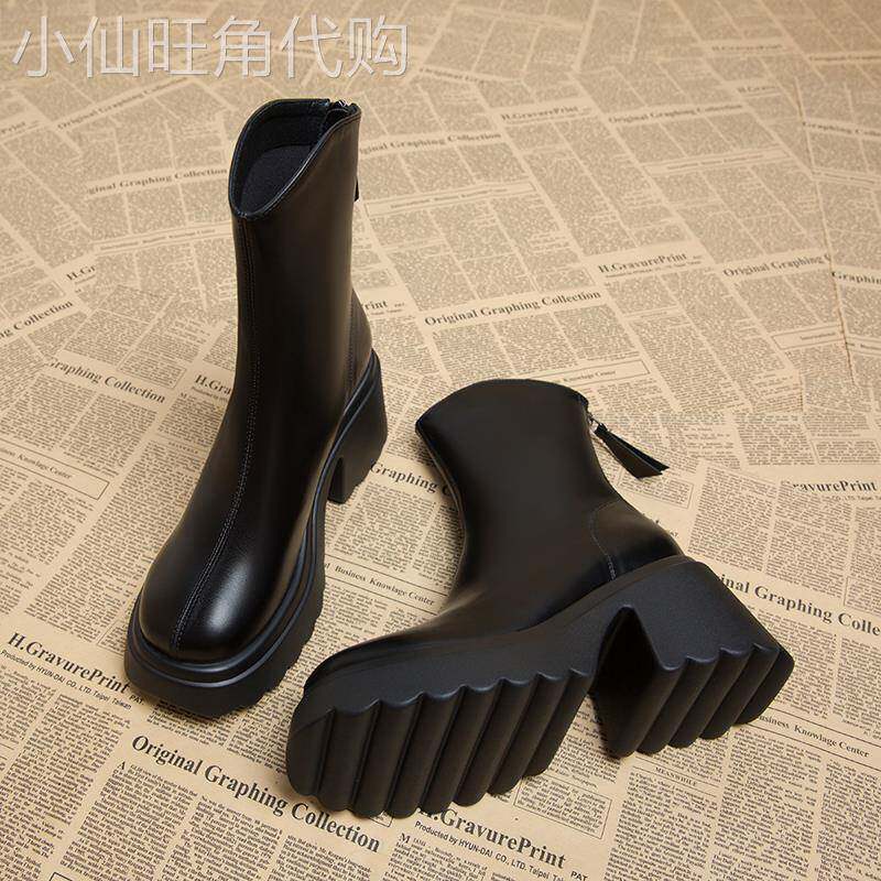 爆款真皮厚底高跟女鞋新款2025欧货秋冬短靴网红超火小个子马丁靴