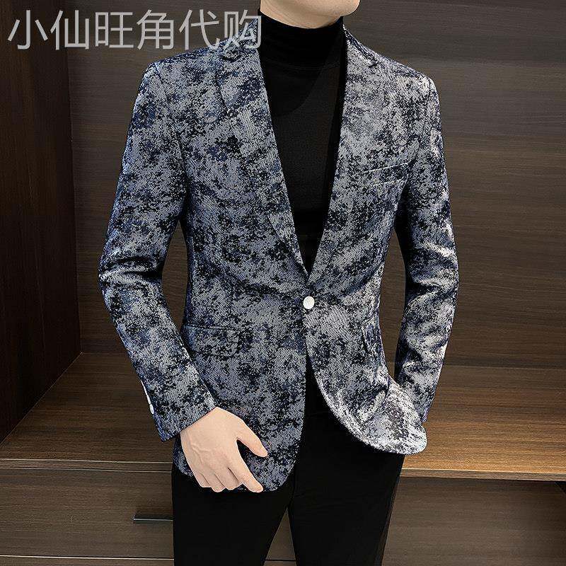 潮流花西装男韩版秋季新款外套单西服轻奢男士款印花休闲小西服