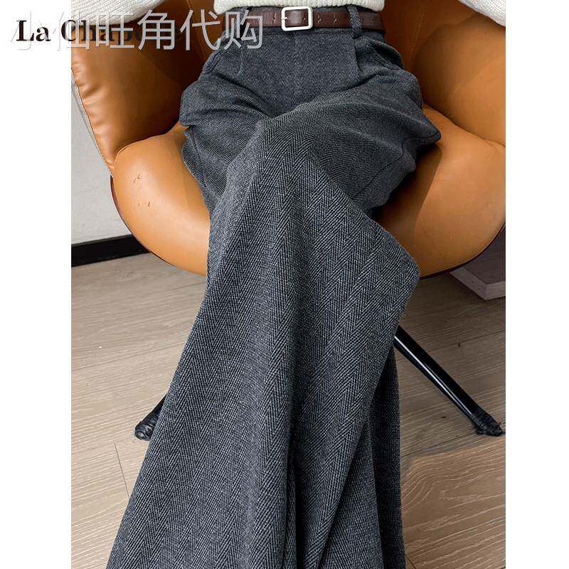 深灰色人字纹毛呢西装裤女2025秋冬季高腰直筒休闲垂感窄版阔腿裤