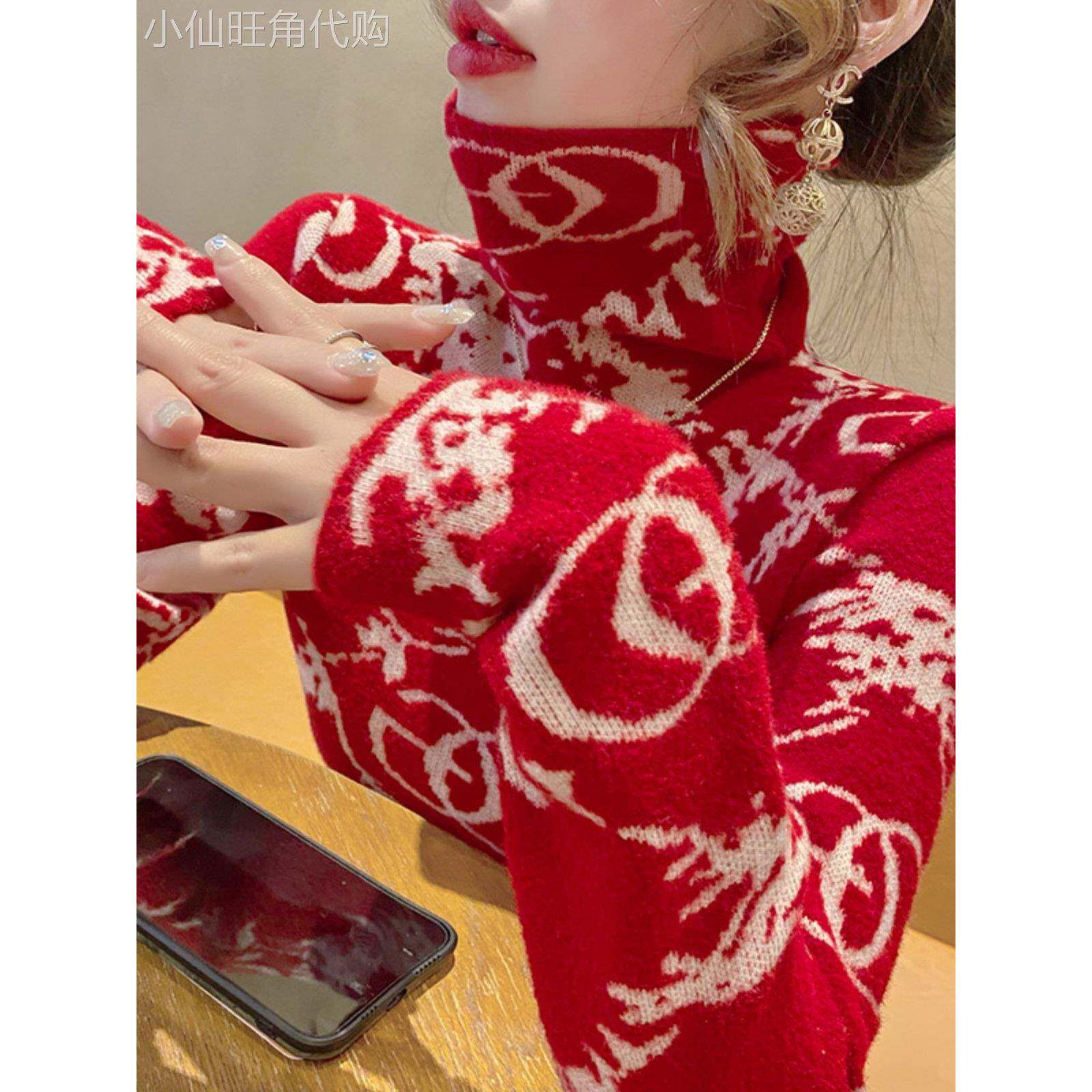 潮牌新年红色高领针织毛衣女内搭加厚秋冬新款时尚图案打底衫上衣
