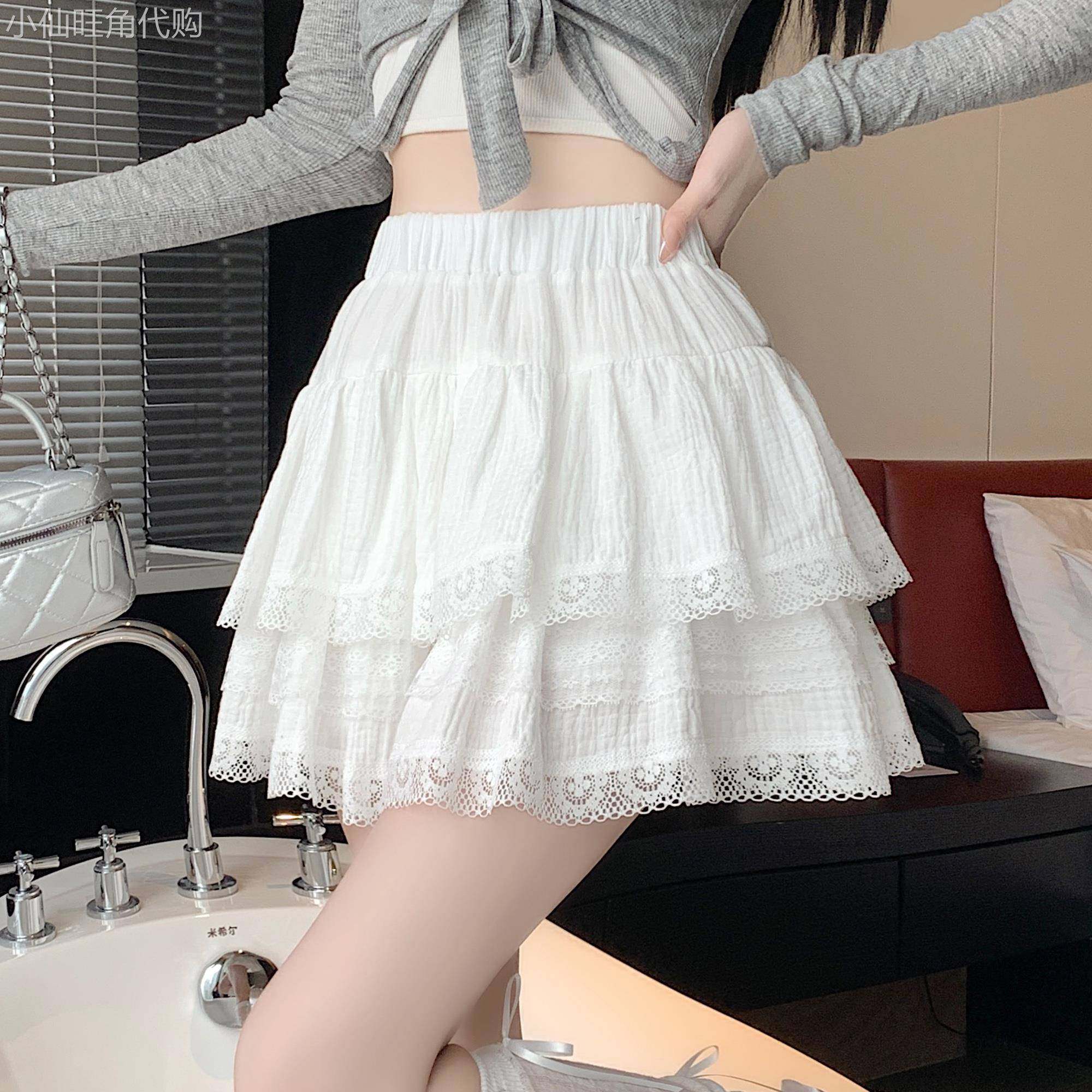 法式白色蓬蓬短裙女士夏季新款蛋糕裙花边蕾丝裙高腰a字半身裙子