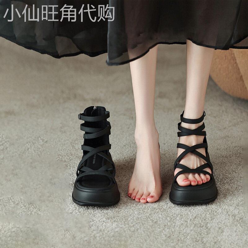 法国Uamtor凉鞋女2026夏季新时尚交叉绑带小众设计厚底罗马鞋