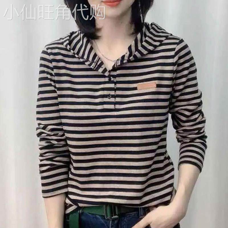 条纹长袖T恤女春秋深圳高端欧货爆款小衫上衣连帽卫衣内搭打底衫